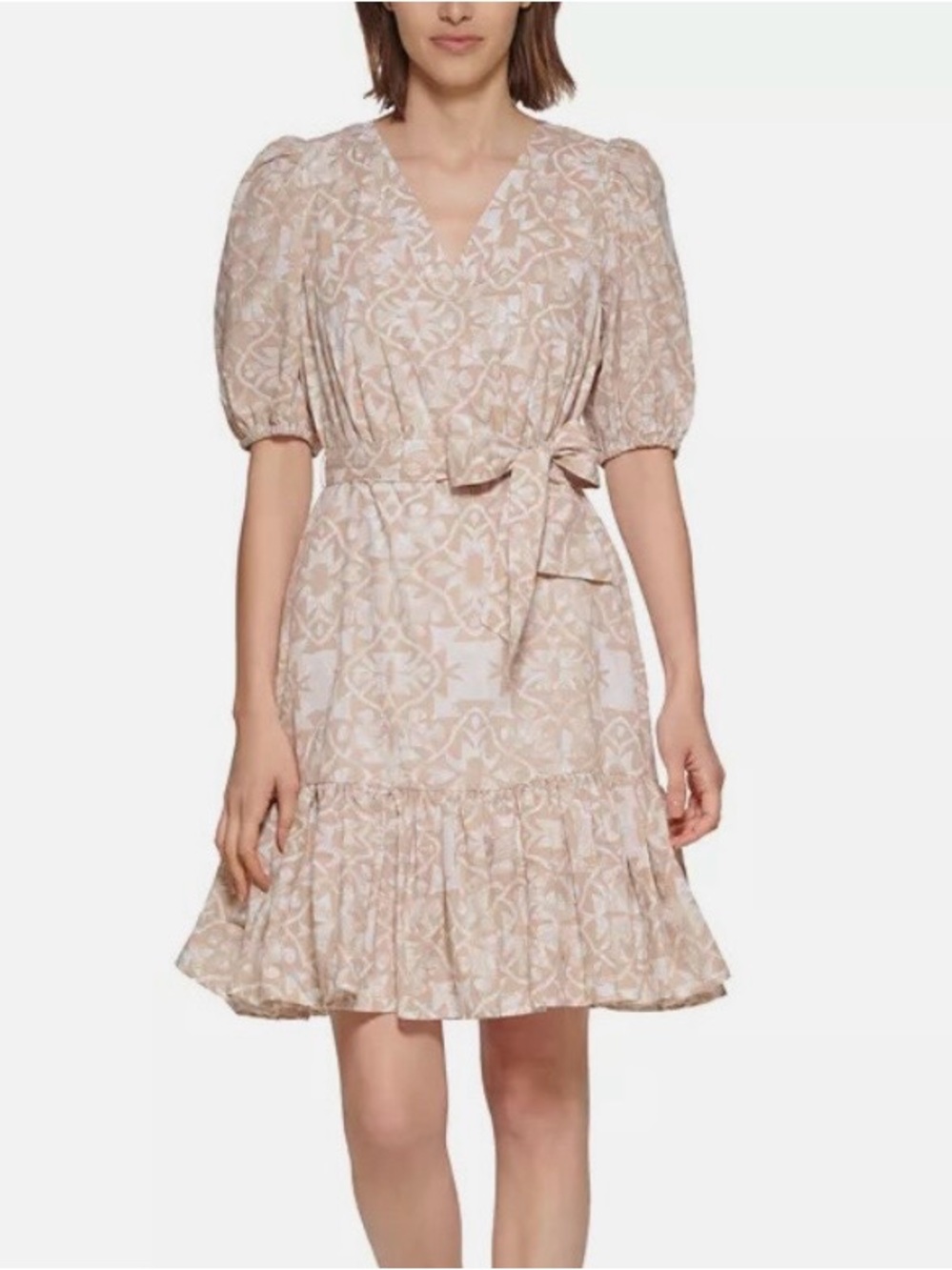 Calvin Klein Beige & Ivory Tie-Waist Puff Sleeve Dress